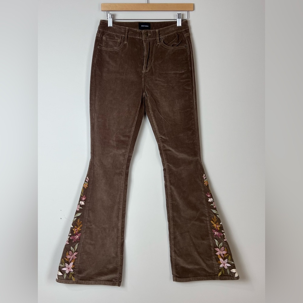 DRIFTWOOD Chocolate Brown Corduroy Flare Pants with Floral Embroidery